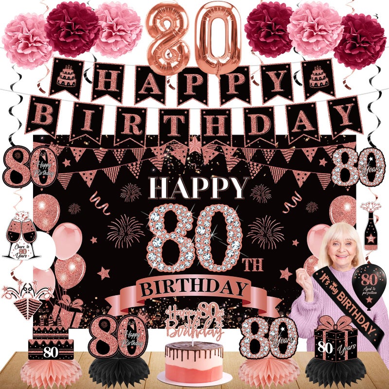 Eucutur 42PCS 80th Birthday Decoration Kit for Women, Rose Gold Happy 80th Bday Banner Balloons Honeycomb Centerpiece Swirl Paper Pompoms Party Supplies, 80 Bday Sash Table Cake Topper Swirls Set - Image 1