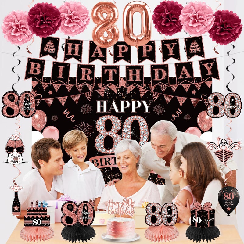 Eucutur 42PCS 80th Birthday Decoration Kit for Women, Rose Gold Happy 80th Bday Banner Balloons Honeycomb Centerpiece Swirl Paper Pompoms Party Supplies, 80 Bday Sash Table Cake Topper Swirls Set - Image 5