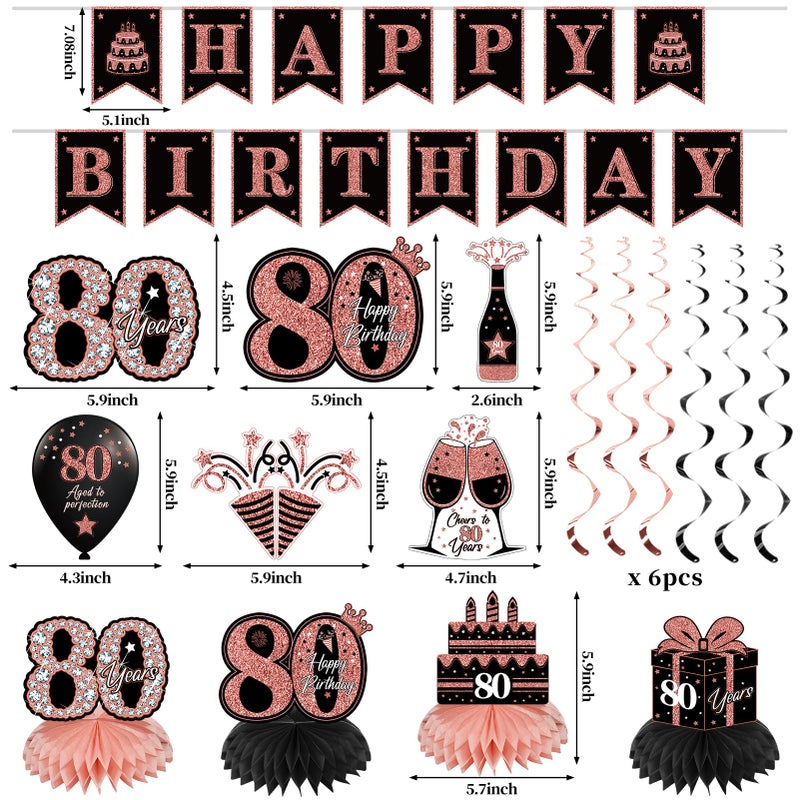 Eucutur 42PCS 80th Birthday Decoration Kit for Women, Rose Gold Happy 80th Bday Banner Balloons Honeycomb Centerpiece Swirl Paper Pompoms Party Supplies, 80 Bday Sash Table Cake Topper Swirls Set - Image 2