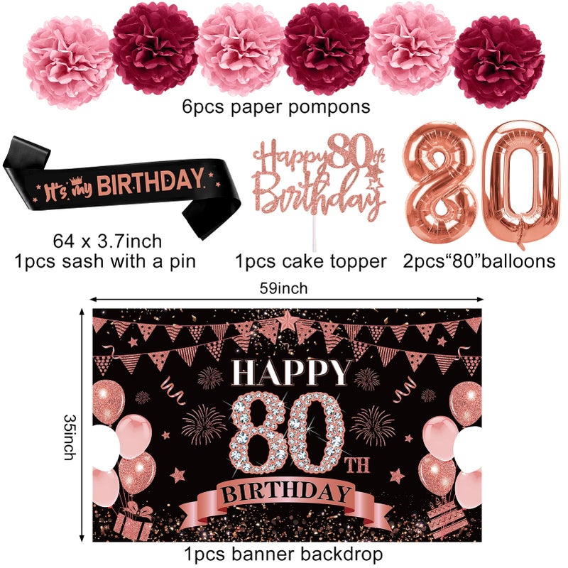 Eucutur 42PCS 80th Birthday Decoration Kit for Women, Rose Gold Happy 80th Bday Banner Balloons Honeycomb Centerpiece Swirl Paper Pompoms Party Supplies, 80 Bday Sash Table Cake Topper Swirls Set - Image 3