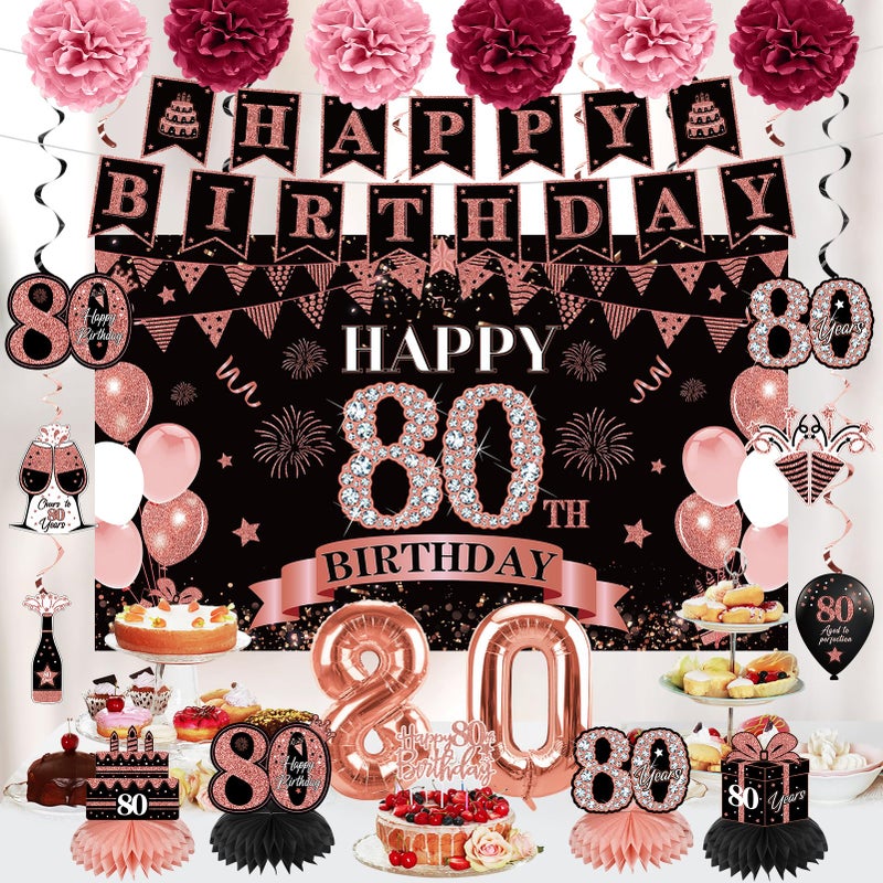 Eucutur 42PCS 80th Birthday Decoration Kit for Women, Rose Gold Happy 80th Bday Banner Balloons Honeycomb Centerpiece Swirl Paper Pompoms Party Supplies, 80 Bday Sash Table Cake Topper Swirls Set - Image 4