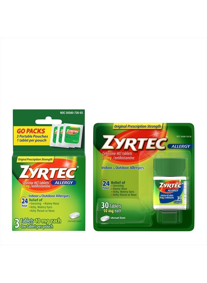ZYRTEC أقراص تخفيف الحساسية لمدة 24 ساعة، دواء الحساسية الداخلية والخارجية مع 10 ملغ سيتيريزين هيدروكلوريد مضاد الهيستامين للحساسية، حزمة واحدة، زجاجة 30 حبة وثلاثة عبوات سفر 1 حبة - Image 1