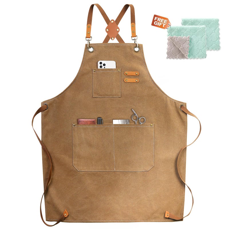 ZOMAO Chef Apron Cotton Canvas Cross Back Apron with Pockets for Women and MenAdjustable Strap and Large Pockets ApronKitchen Cooking Baking Bib Apron