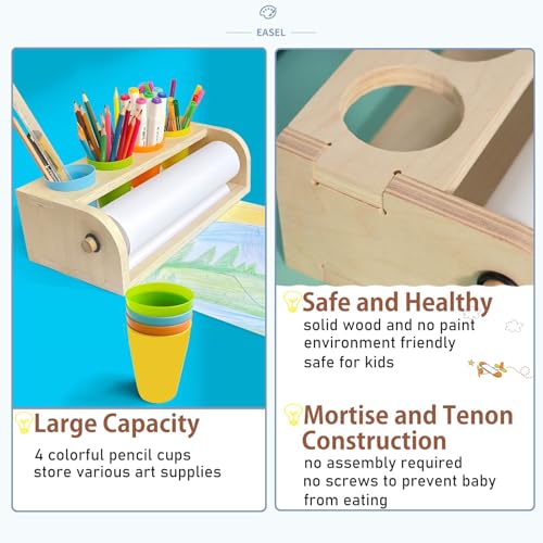 XDONEF Wooden Tabletop Paper Roll Dispenser with Roll 114inx984ft and Pencil Cups Craft Art Paper Roll Holder for Kids Desktop Easel for Drawing Painting Home Classroom - Image 5
