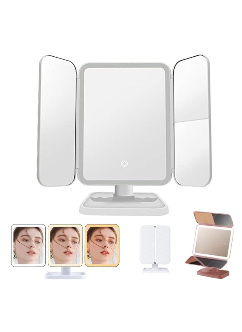 Bukela Smart Trifold Vanity Mirror with 3 LED Modes - Backlit Touch Sensor, Adjustable Light, Cosmetic Mirror with Storage Base  - Image 1