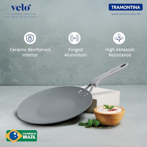TRAMONTINA Velo 26cm Forged with Ceramic Reinforced Interior Roti Tawa | Concave Tawa | Tawa for Chapati Paratha | Gas/Induction Cookware | Stainless Steel Handle | Silicone Grip | Sea Blue - Image 2