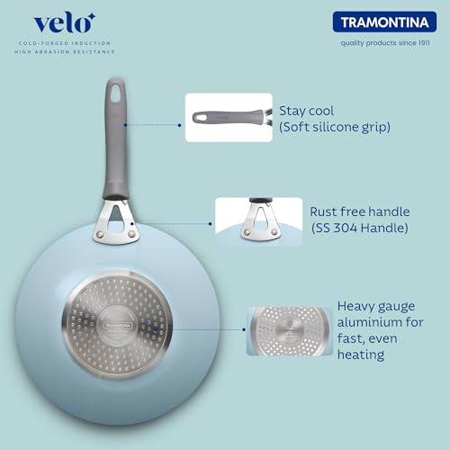 TRAMONTINA Velo 26cm Forged with Ceramic Reinforced Interior Roti Tawa | Concave Tawa | Tawa for Chapati Paratha | Gas/Induction Cookware | Stainless Steel Handle | Silicone Grip | Sea Blue - Image 4