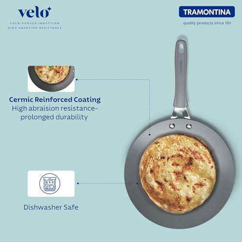 TRAMONTINA Velo 26cm Forged with Ceramic Reinforced Interior Roti Tawa | Concave Tawa | Tawa for Chapati Paratha | Gas/Induction Cookware | Stainless Steel Handle | Silicone Grip | Sea Blue - Image 3