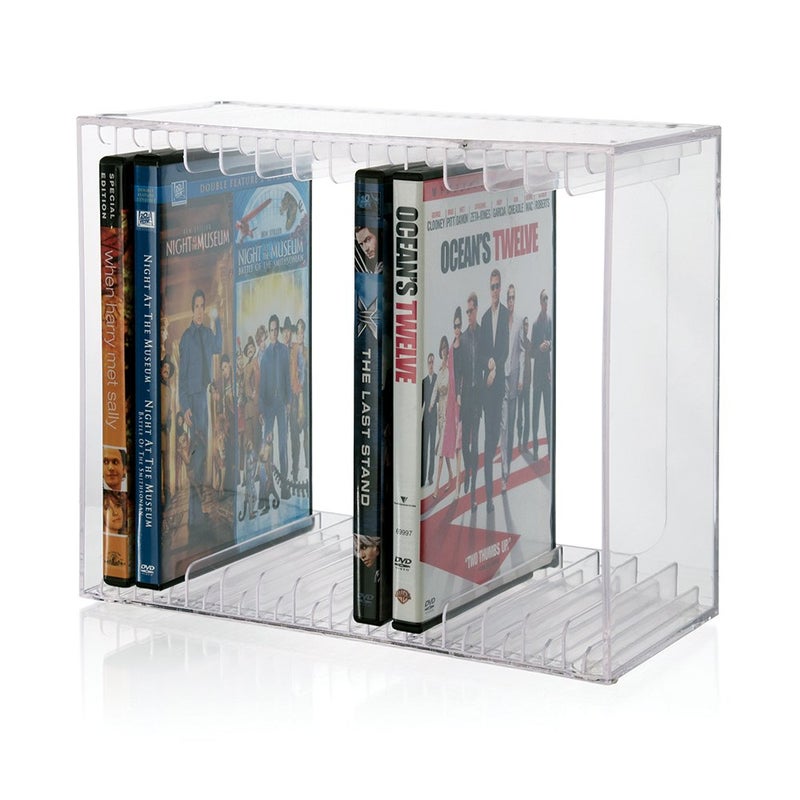 منظم أقراص DVD بلاستيكي شفاف قابل للتكديس مع أقدام مطاطية حاملة مستطيلة مثالية لغرفة السينما تحمل حتى 14 علبة DVD قياسية مصنوعة في الولايات المتحدة