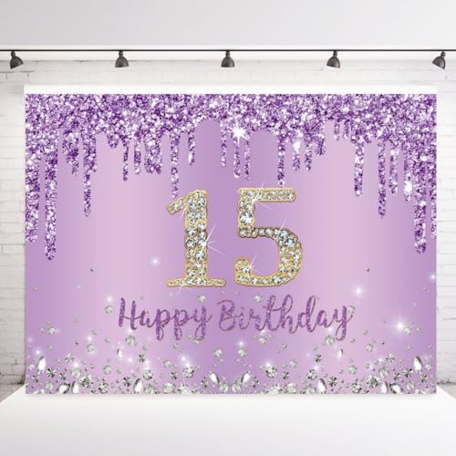 INRUI Purple Happy 15th Birthday Photography Background Girls Sweet Fifteen Years Old Birthday Party Decorations Backdrop 7x5FT - Image 1