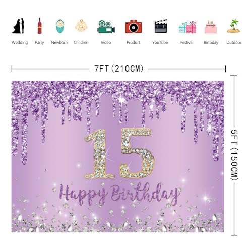 INRUI Purple Happy 15th Birthday Photography Background Girls Sweet Fifteen Years Old Birthday Party Decorations Backdrop 7x5FT - Image 4