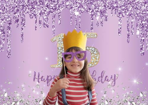 INRUI Purple Happy 15th Birthday Photography Background Girls Sweet Fifteen Years Old Birthday Party Decorations Backdrop 7x5FT - Image 3