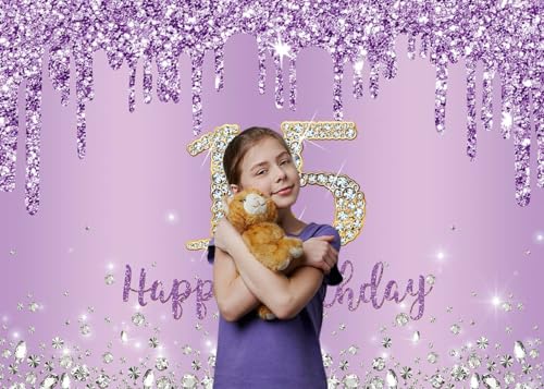 INRUI Purple Happy 15th Birthday Photography Background Girls Sweet Fifteen Years Old Birthday Party Decorations Backdrop 7x5FT - Image 2