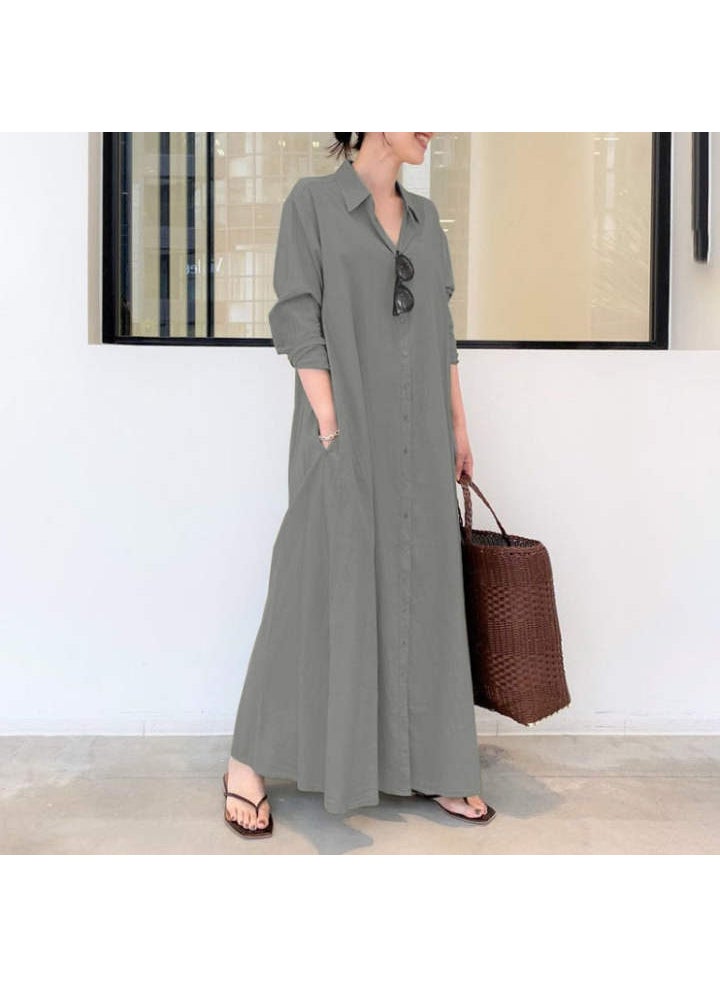 Generic - 2022 New Style Cotton Linen Solid Color Lapel Long Sleeve Shirt Dress Casual Loose Fit Casual Long Length Clothing Apricot - Image 1