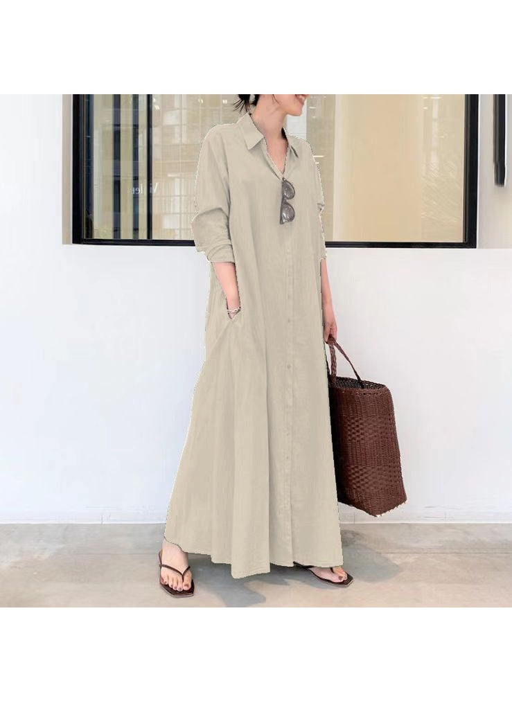 Generic - 2022 New Style Cotton Linen Solid Color Lapel Long Sleeve Shirt Dress Casual Loose Fit Casual Long Length Clothing Apricot - Image 1