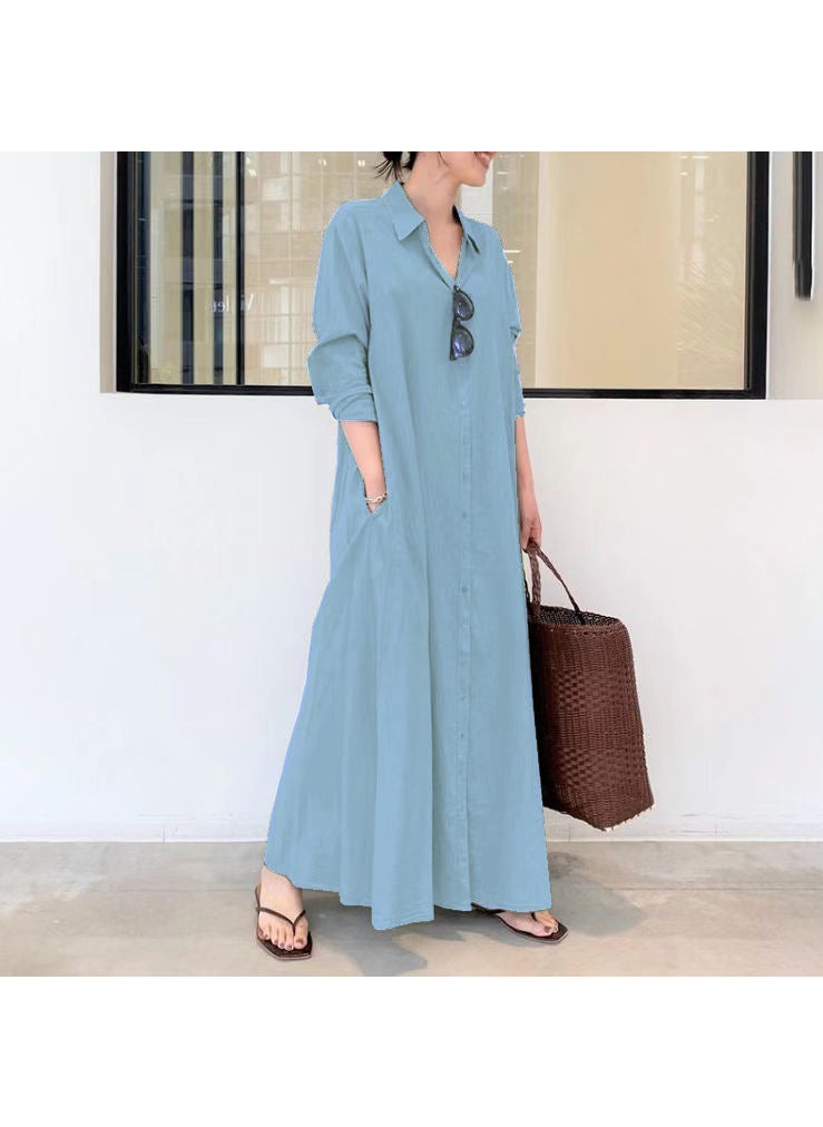 Generic - 2022 New Style Cotton Linen Solid Color Lapel Long Sleeve Shirt Dress Casual Loose Fit Casual Long Length Clothing Apricot - Image 1