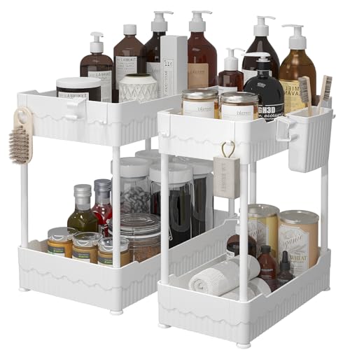 Sevenblue 2 Pack Under Sink Organizer Under Bathroom Cabinet Organizer with Hooks Hanging Cup MultiPurpose Storage Shelf for Kitchen Bathroom White 148 Inch - Image 1