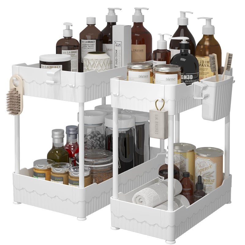 Sevenblue 2 Pack Under Sink Organizer Under Bathroom Cabinet Organizer with Hooks Hanging Cup MultiPurpose Storage Shelf for Kitchen Bathroom White 148 Inch - Image 2