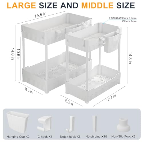 Sevenblue 2 Pack Under Sink Organizer Under Bathroom Cabinet Organizer with Hooks Hanging Cup MultiPurpose Storage Shelf for Kitchen Bathroom White 148 Inch - Image 3