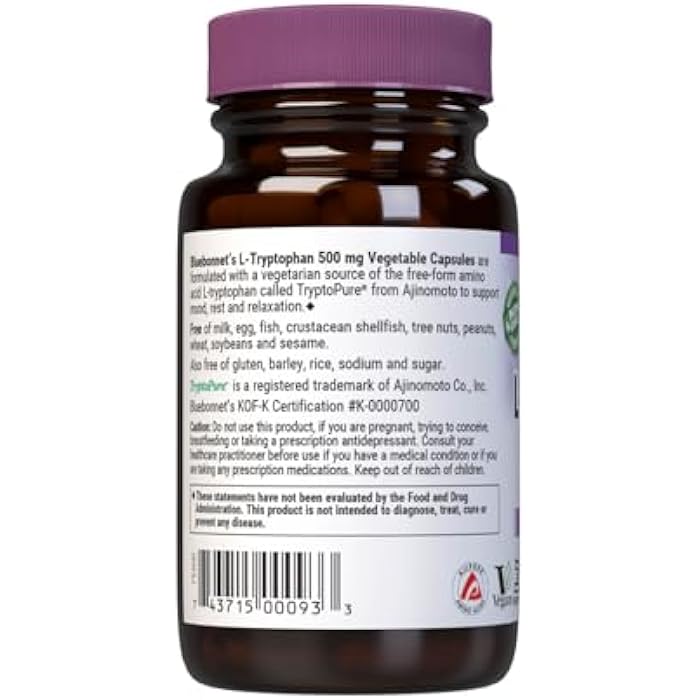 Bluebonnet L-Tryptophan 500 mg Vitamin Capsules, 30 Count - Image 3