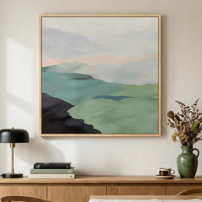 Cuspin Framed Modern Neutral Green Landscape Abstract Wall Art Square Minimalist Canvas Prints Paintings for Walls Sage Green Nature Mountain Scene Pictures for Dining Bedroom Hallway Wall Decor 24x24 In - Image 2