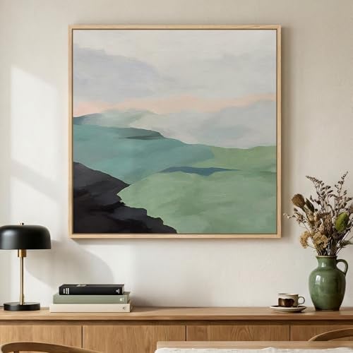 Cuspin Framed Modern Neutral Green Landscape Abstract Wall Art Square Minimalist Canvas Prints Paintings for Walls Sage Green Nature Mountain Scene Pictures for Dining Bedroom Hallway Wall Decor 24x24 In - Image 1