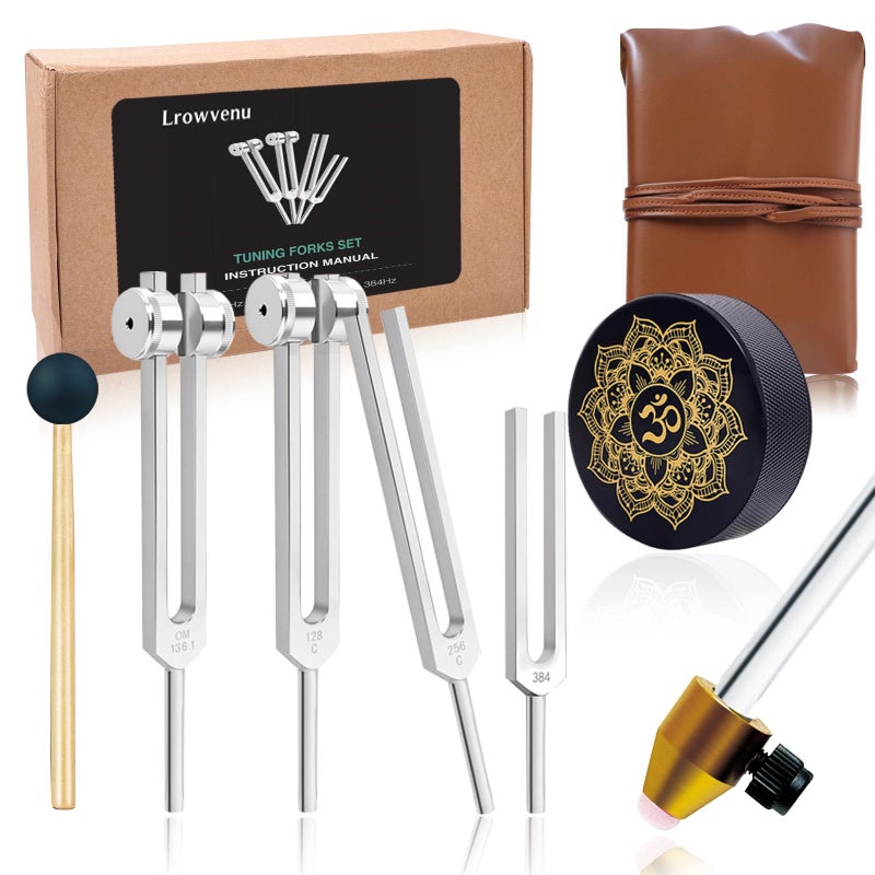 Lrowvenu Tuning Forks for Healing Set â€“ 128Hz, 136Hz, 256Hz, 384Hz. Body Tuning Forks Chakra Set, for Medical Sound Healing Therapy, Meditation, DNA Repair, Reiki Energy, Guitar Tune Fork - Image 1