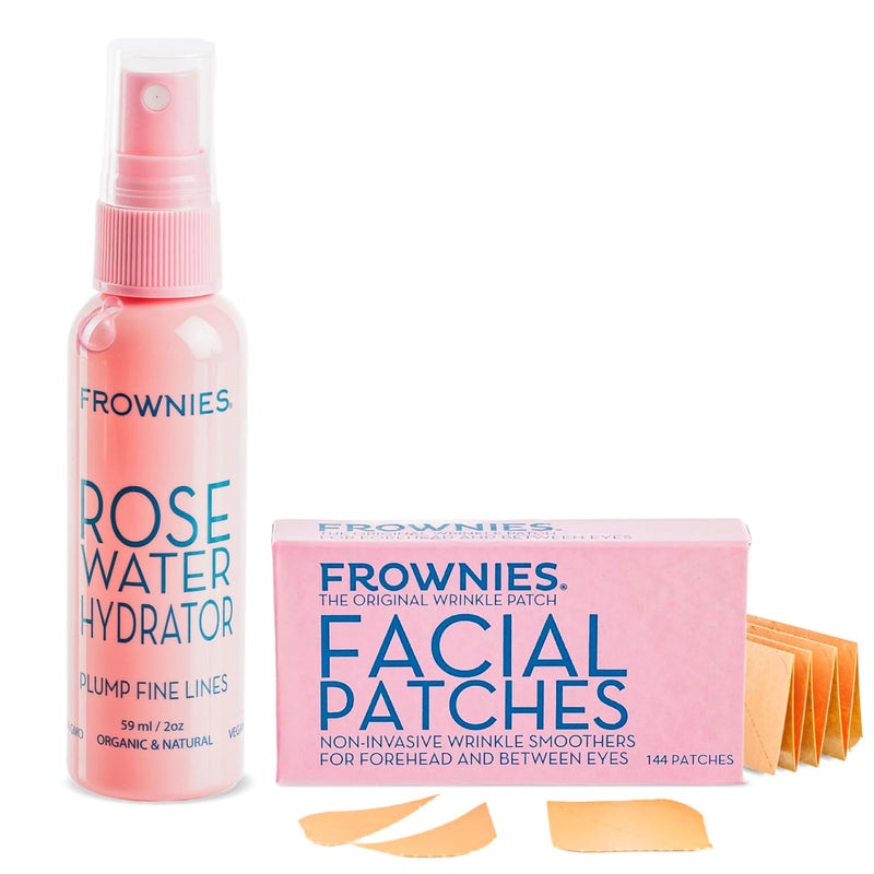 Frownies Forehead and Between the Eyes Wrinkle Patches Rose Water Hydrator Combo Overnight Facial Wrinkle Patches and Rose Water Spray for Face for All Ages And Skin Types 2oz 144 Patches