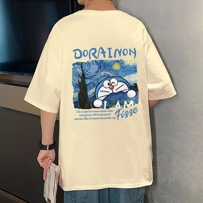 Doraemon T-shirt summer couple wear white T-shirt men's short sleeve American retro heavy fashion brand men's T-shirt - Image 1