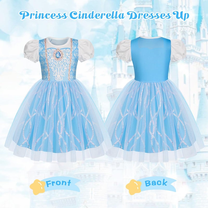 Benylion Princess Dress for Girls Kids Blue Princess Dress Halloween Cosplay Party Outfits Cinderella Dresses for Girls Birthday Gift Princess Puff Sleeve Tulle Dress 5-6X, Light Blue - Image 3