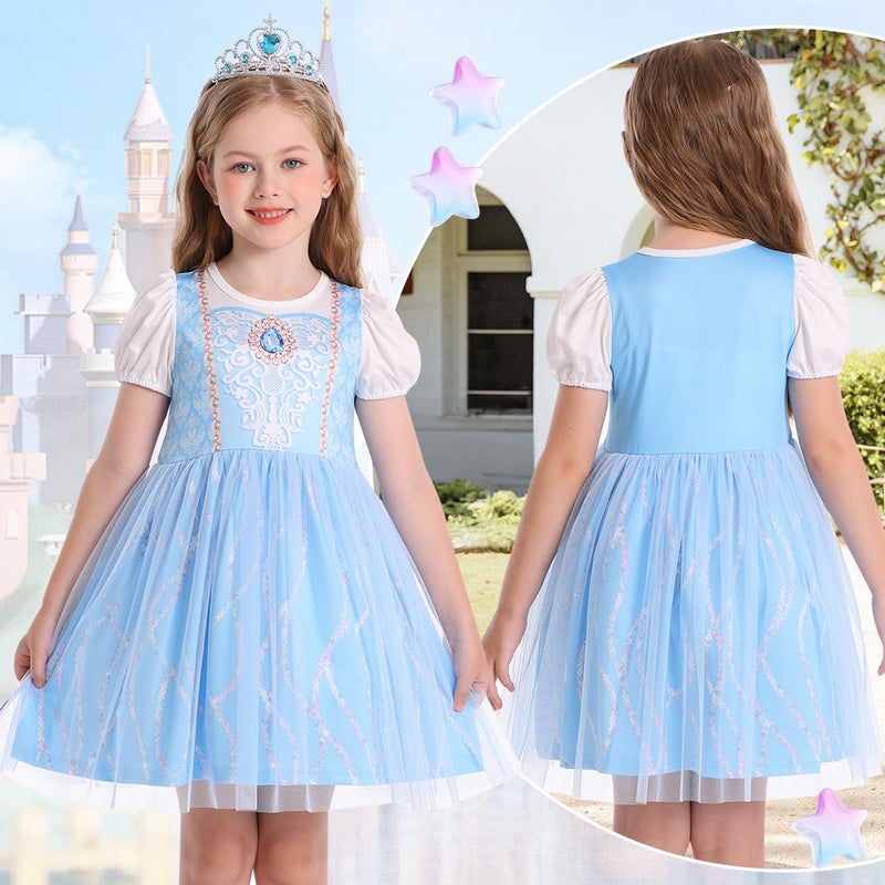 Benylion Princess Dress for Girls Kids Blue Princess Dress Halloween Cosplay Party Outfits Cinderella Dresses for Girls Birthday Gift Princess Puff Sleeve Tulle Dress 5-6X, Light Blue - Image 2