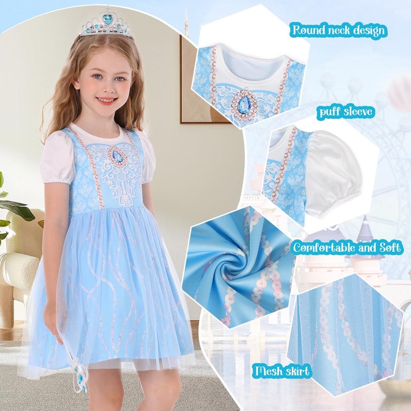 Benylion Princess Dress for Girls Kids Blue Princess Dress Halloween Cosplay Party Outfits Cinderella Dresses for Girls Birthday Gift Princess Puff Sleeve Tulle Dress 5-6X, Light Blue - Image 4