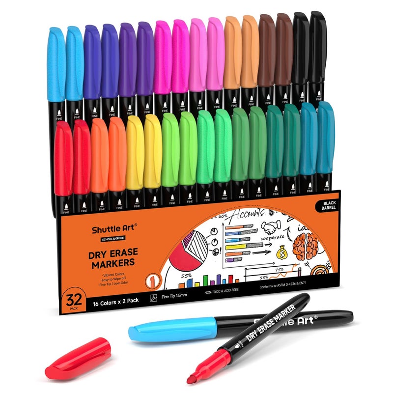 Shuttle Art Dry Erase Markers, 32 Pack 16 Colors Whiteboard Markers,Fine Tip Dry Erase Markers for Kids,Perfect For Writing on Whiteboards,Dry-Erase Boards,Mirrors,Calender,School Office Supplies - Image 1