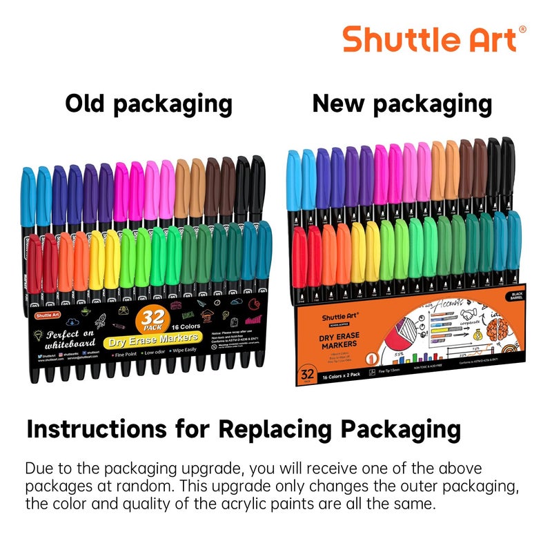 Shuttle Art Dry Erase Markers, 32 Pack 16 Colors Whiteboard Markers,Fine Tip Dry Erase Markers for Kids,Perfect For Writing on Whiteboards,Dry-Erase Boards,Mirrors,Calender,School Office Supplies - Image 2