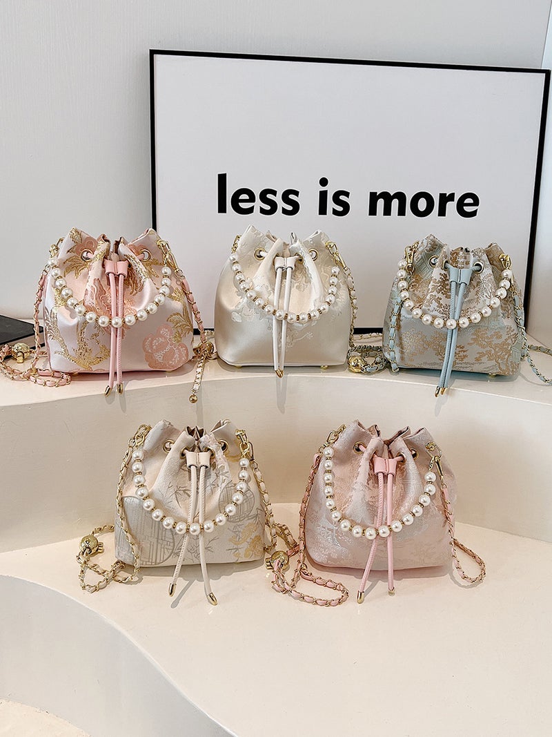 New Chinese Embroidered Bucket Small Fragrant Style Pearl Chain National Style Portable Hanfu Southeast Asia Shoulder Crossbody Bag - Image 3