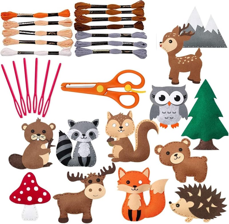 Joyzzz Sewing Kit For Kids, 12 Pre-Cut Felt Animals, 32 Accessories, 6 Threads, Safe Plastic Needles, Scissors, Cotton Stuffing, Make Your Own Plush Toy Craft Set for Boys and Girls - Image 1