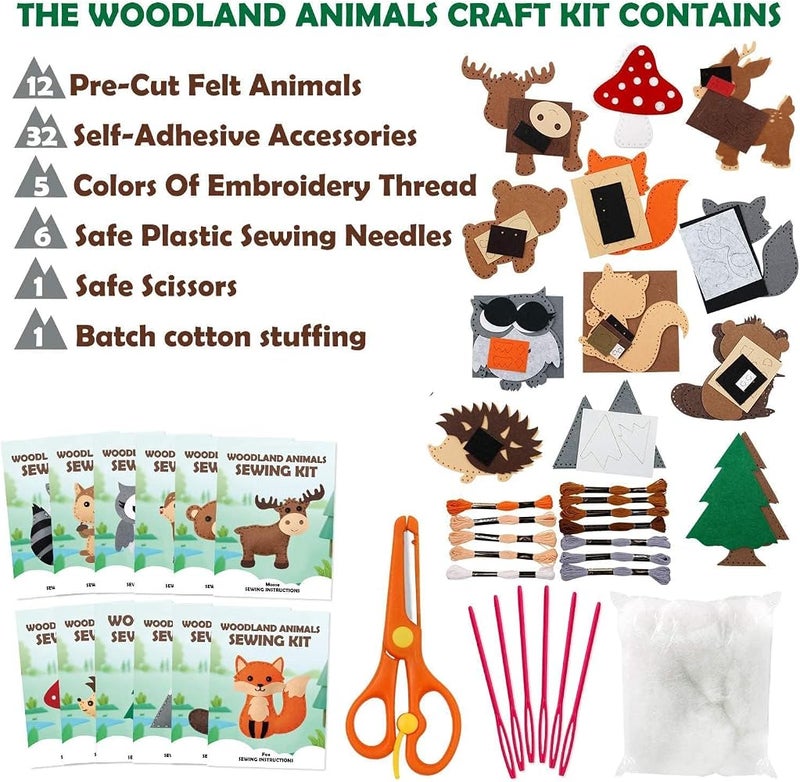 Joyzzz Sewing Kit For Kids, 12 Pre-Cut Felt Animals, 32 Accessories, 6 Threads, Safe Plastic Needles, Scissors, Cotton Stuffing, Make Your Own Plush Toy Craft Set for Boys and Girls - Image 2