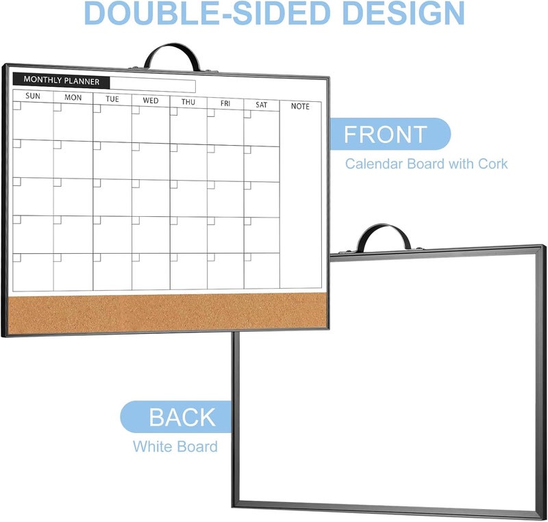 ARCOBIS Monthly Calendar Whiteboard Dry Erase Cork Board Combination for Wall, 12"x16" Magnetic Dry Erase Board, Double-Sided White Board, Portable Board for Planning, Office, School, Home, Black - Image 2