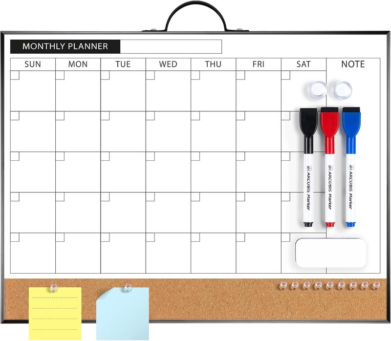 ARCOBIS Monthly Calendar Whiteboard Dry Erase Cork Board Combination for Wall, 12"x16" Magnetic Dry Erase Board, Double-Sided White Board, Portable Board for Planning, Office, School, Home, Black - Image 1