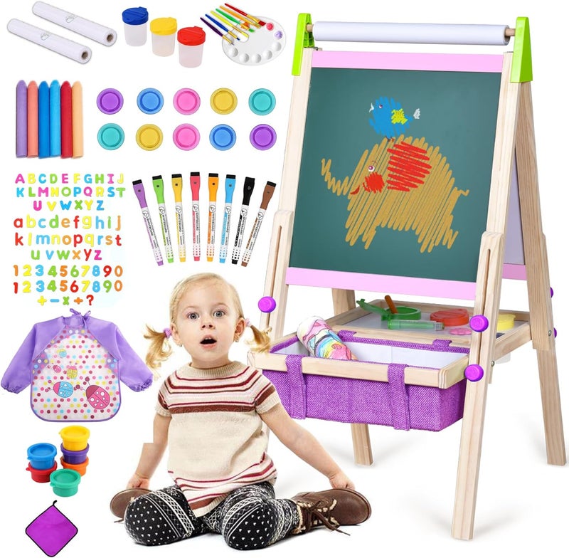 KRAND Wooden Art Easel for Kids with All-in-One Art Supplies Package Easel Set with Double Sided Chalkboard & Whiteboard for Toddlers 2-4 4-8 Years Old Girls Gift (Adjustable,P&V) - Image 1