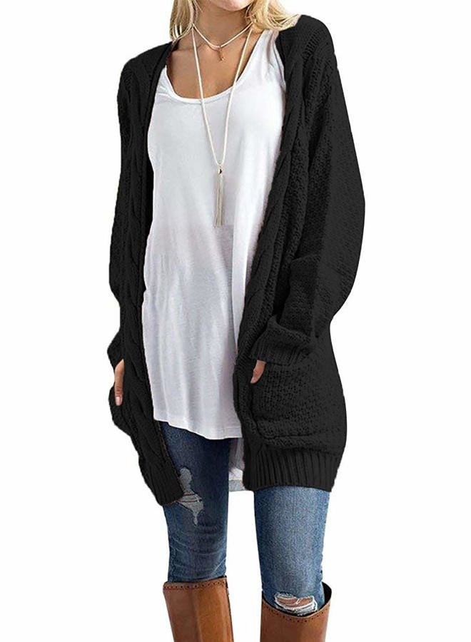 GRECERELLE Women's Loose Open Front Long Sleeve Solid Color Knit Cardigans Sweater Blouses with Packets Black-L - Image 1