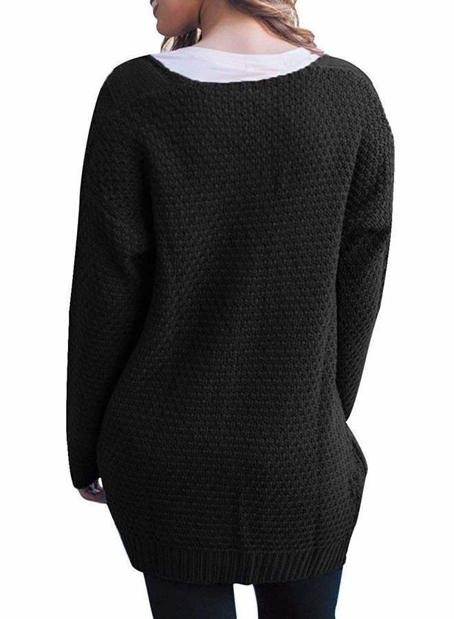 GRECERELLE Women's Loose Open Front Long Sleeve Solid Color Knit Cardigans Sweater Blouses with Packets Black-L - Image 4