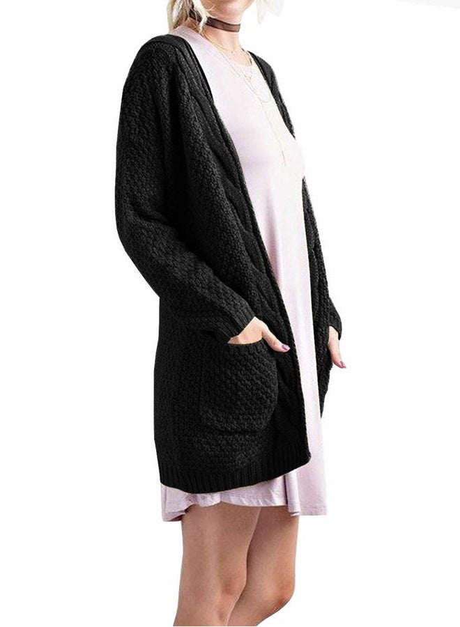 GRECERELLE Women's Loose Open Front Long Sleeve Solid Color Knit Cardigans Sweater Blouses with Packets Black-L - Image 2
