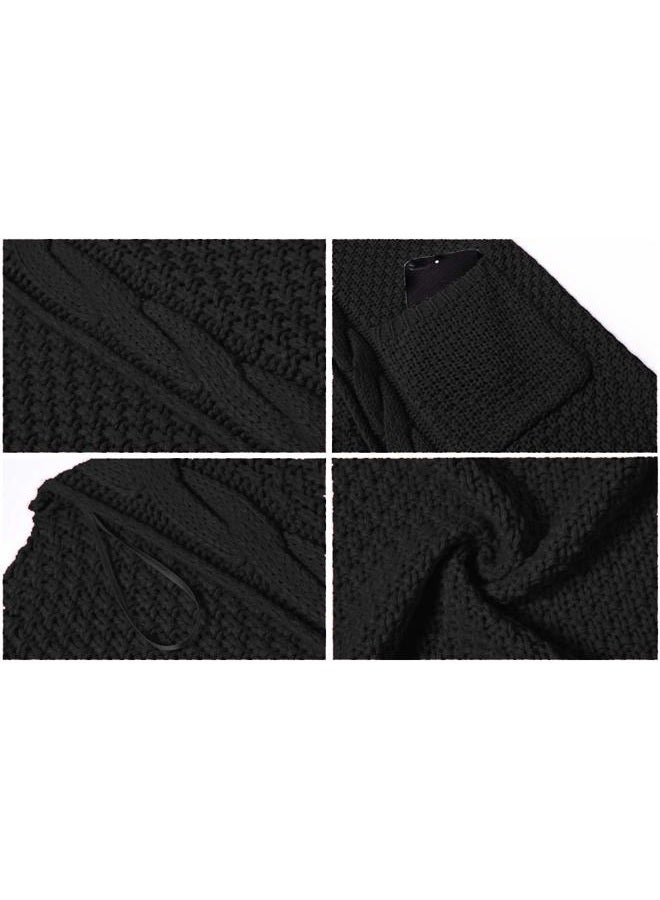 GRECERELLE Women's Loose Open Front Long Sleeve Solid Color Knit Cardigans Sweater Blouses with Packets Black-L - Image 5