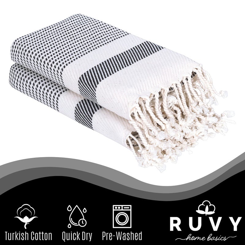 Ruvy Home Basics Turkish Hand Towels for Bathroom Set of 2 | 18"x40", Cotton | Decorative Towel for Bathroom, Kitchen, Dishcloth, Tea, Yoga, Face, Gym - Black - Image 2