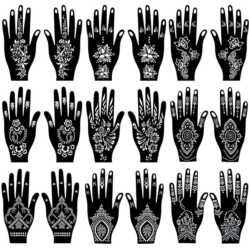 PADOUN 18 Sheets of Henna Stencils for Hands - Indian and Arabian Temporary Tattoo Templates for Hand and Body Art - Image 1