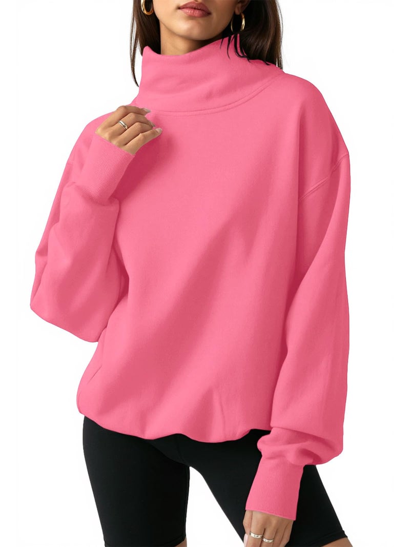 Fisoew Women's Oversized Turtleneck Sweatshirt Long Sleeve Pullover Casual Tops Pink - Image 1