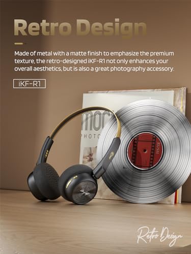 iKF-R1 Retro Headphones Bluetooth 5.4 Hi-Fi Sound Custom EQ via App 60H Playtime Comfortable Fit Multipoint Connection Lightweight Vintage Headphones (Black Gold) - Image 2