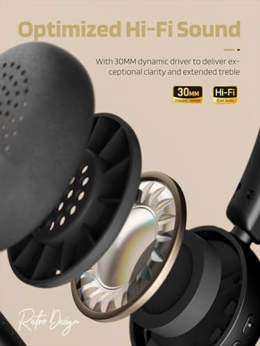 iKF-R1 Retro Headphones Bluetooth 5.4 Hi-Fi Sound Custom EQ via App 60H Playtime Comfortable Fit Multipoint Connection Lightweight Vintage Headphones (Black Gold) - Image 5
