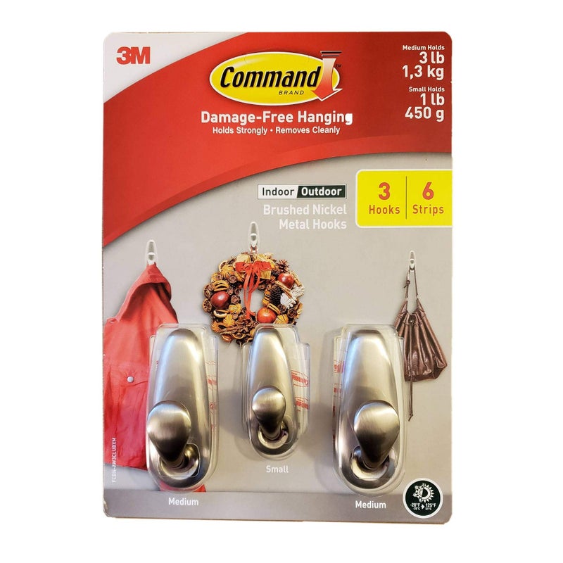 Command Command Indoor Outdoor Brushed Nickel Metal Hooks 3 Hooks 6 Strips 1 Small 2 Medium